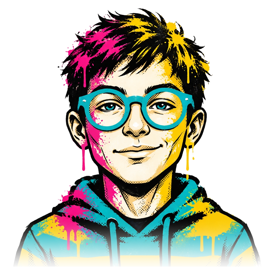Graffiti drawing of a smiling boy wearing round glasses